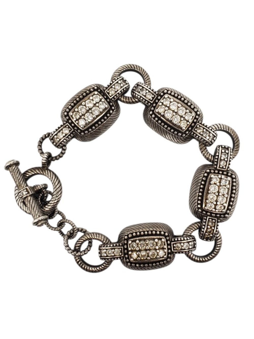 Judith Ripka Sterling Silver CZ Cable Link Station Toggle Bracelet #24566